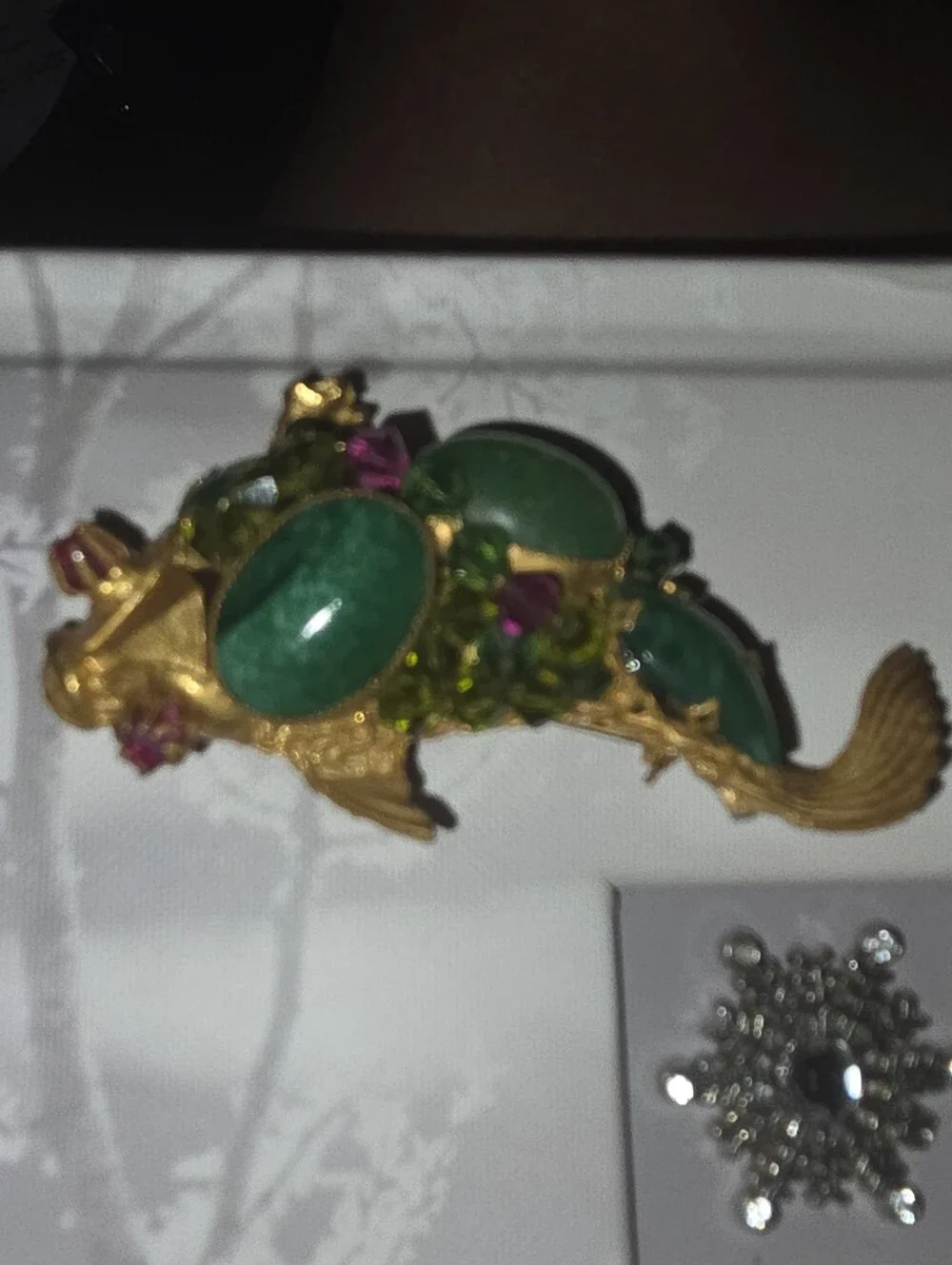 Rare Vintage Hattie Carnegie Koi Fish Brooch Lg Green Stones Purple Rhinestones